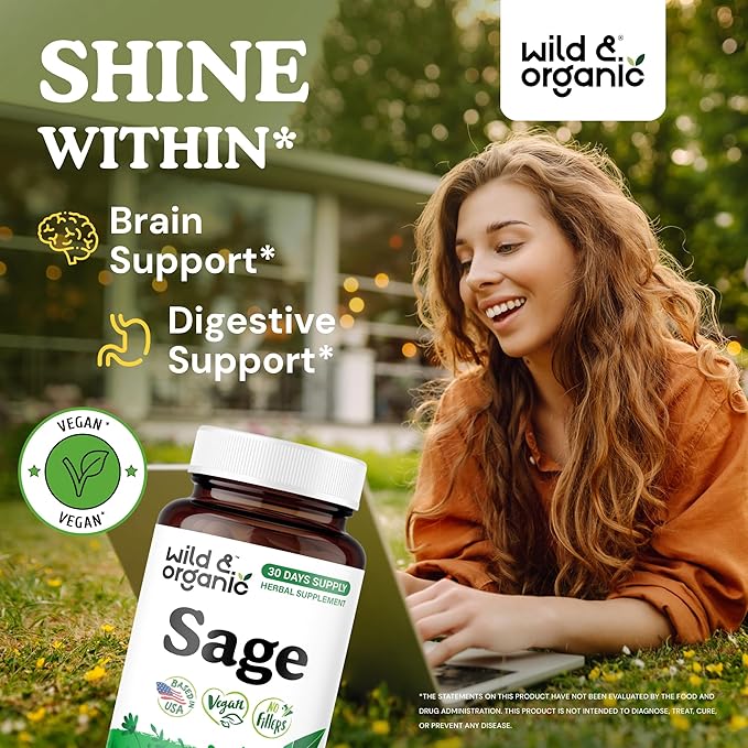 Wild &amp Organic Sage Capsules - Brain &amp Digestive Support - 1000 mg Sage Leaves per Serving - 30 Days of Supply - Salvia Officinalis Supplement - 60 Vegan Capsules - Non-GMO Gluten-Free No Fi