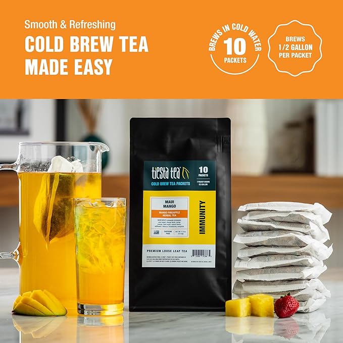 Tiesta Tea - Maui Mango Cold Brew Loose Leaf Mango Pineapple Herbal Tea Premium Non-Caffeinated Blend Cold Brew Packets Makes 64oz Pitcher Per Bag (Pack of 10)