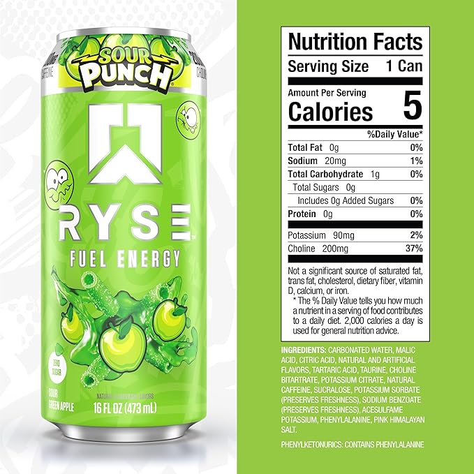 RYSE Fuel Energy Drink - Sour Punch Green Apple - Sugar Free Gluten Free &amp Vegan - 200mg Natural Caffeine Taurine &amp Choline for Focus &amp Energy - No Artificial Colors - 16 fl oz Cans (12-