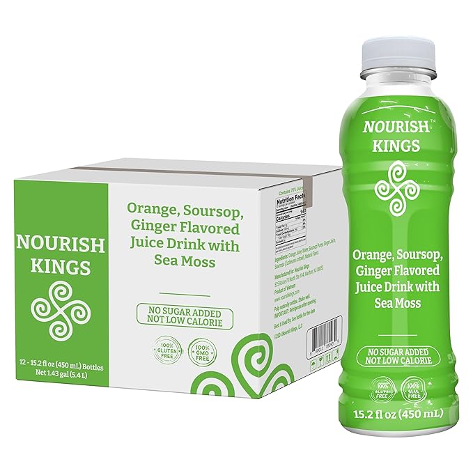 Nourish Kings- Sea Moss drink with Soursop Ginger &amp Orange juice No Added Sugars or Preservatives 12 pack of 15.2 Fl oz Bottles