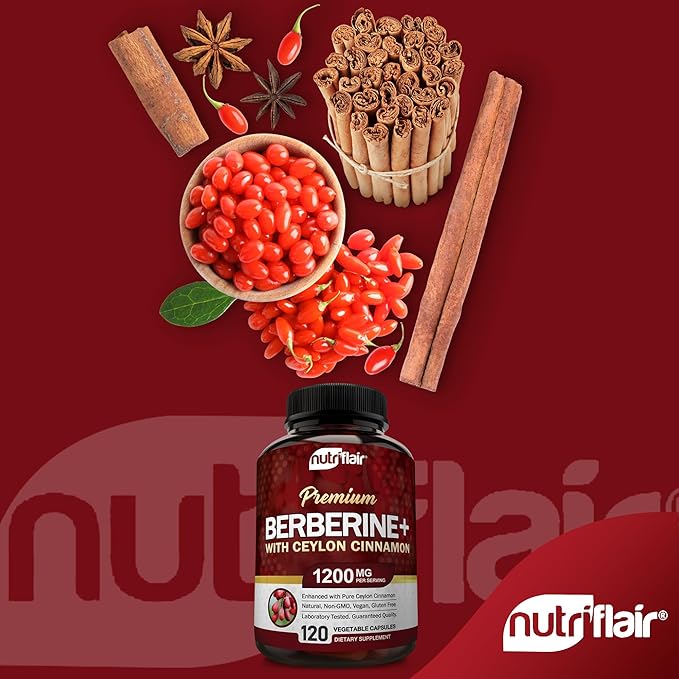 NutriFlair Premium Berberine HCL 1200mg 120 Capsules - Plus Pure True Ceylon Cinnamon Berberine HCI Root Supplements Pills - Immune System - Made in USA