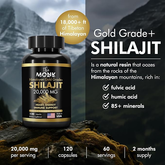 Organic Shilajit with Fulvic Acid Humic Acid 85+ Minerals- Gold Grade Plus - Same as Resin - Energy Stamina Brain Support - 120 Capsules - Made in The USA