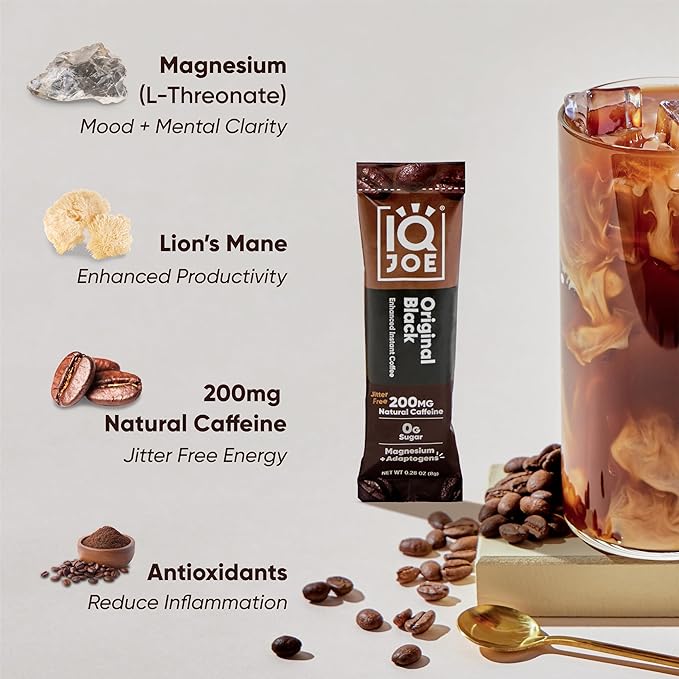IQJOE Mushroom Coffee Packets (40 Servings) Lion’s Mane Magtein Magnesium Antioxidants Adaptogens - Original Black - Instant Coffee for Focus Clarity Mood Energy Boost - Sugar Free Keto Vegan