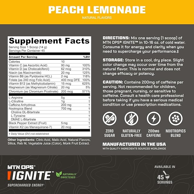 MTN OPS Ignite Sugar Free Energy Drink Powder Naturally Sweetened with Monk Fruit 200mg Caffeine Nootropic Blend for Energy Focus &amp Endurance L Arginine &amp L Citrulline 45 Servings Peach