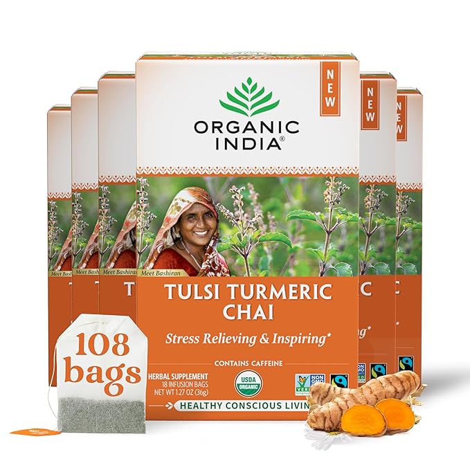 Organic India Tulsi Turmeric Chai Tea - Herbal Tea Bags with Caffeine Ginger Root Cinnamon Holy Basil Stress Relieving and Energizing Immune Support Helps Digestion - 18 Count Pack of 6