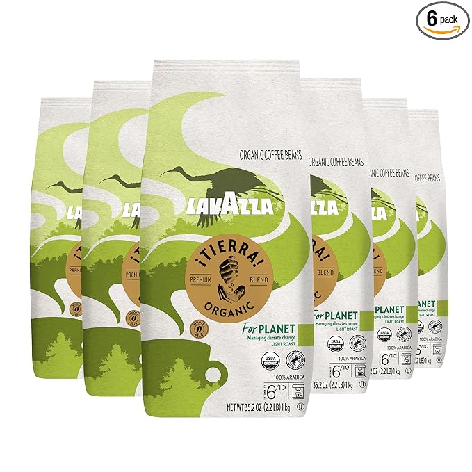 Lavazza ¡Tierra Organic for Planet Whole Bean Coffee Light Roast 100% Arabica 2.2 lb Bag (Pack of 6)