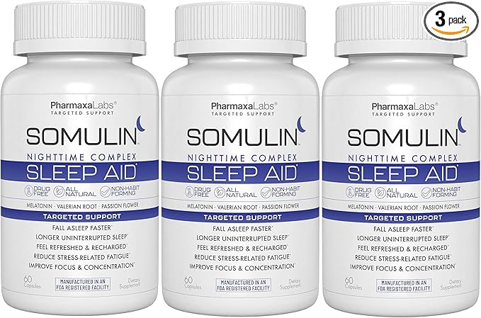 Somulin Nighttime Complex Sleep Aid - Powerful All-Natural Maximum Strength Formula - Fall Asleep &amp Stay Asleep - Rest &amp Refresh - Melatonin Valerian Chamomile &amp 5-HTP - 60 Capsules (Pack