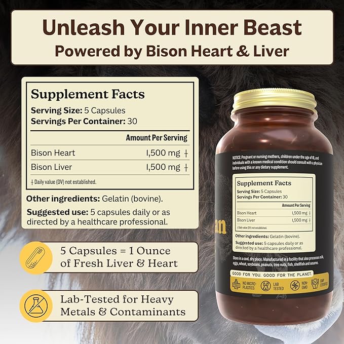 MK Supplements American Beast Bison Organ Supplement for Athletes Supports Strength Endurance &amp Recovery Freeze-Dried Non-GMO Bison Liver &amp Bison Heart 30 Servings (3000 mg Each)