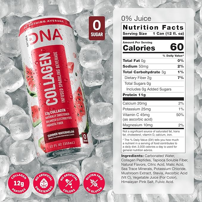 HYDRADNA- Sparkling Liquid Collagen Protein Water Drink Balanced Nutrients for Wellness - Sugar-Free - Keto-Friendly - No Gluten (12 Pack) Watermelon