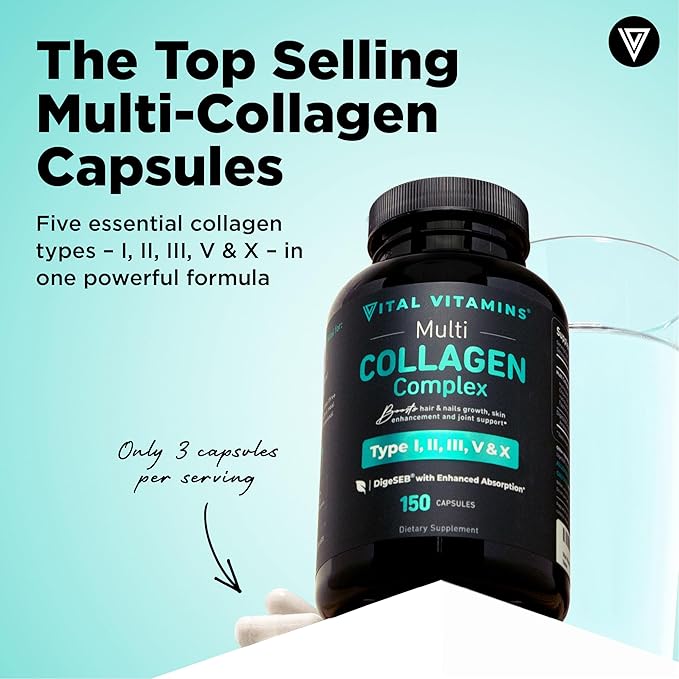 Vital Vitamins Multi Collagen Capsules - Type I II III V X - Grass-Fed Collagen Peptides Supplements Non-GMO - for Men &amp Women - 150 Count