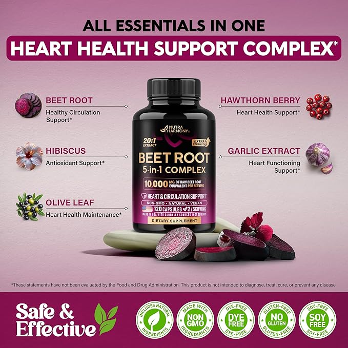 Beet Root 5-in-1 Complex Capsules - Healthy Blood Pressure Support Supplement** for Heart &amp Circulation Support - Olive Leaf Hawthorn Berry &amp Hibiscus - for Men &amp Women - Made in USA 120