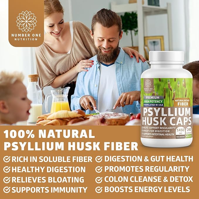 Number One Nutrition N1N Premium Psyllium Husk Capsules [All Natural1450 MG] Powerful Soluble Fiber Supplement to Support Regularity and Digestive Health 240 Caps