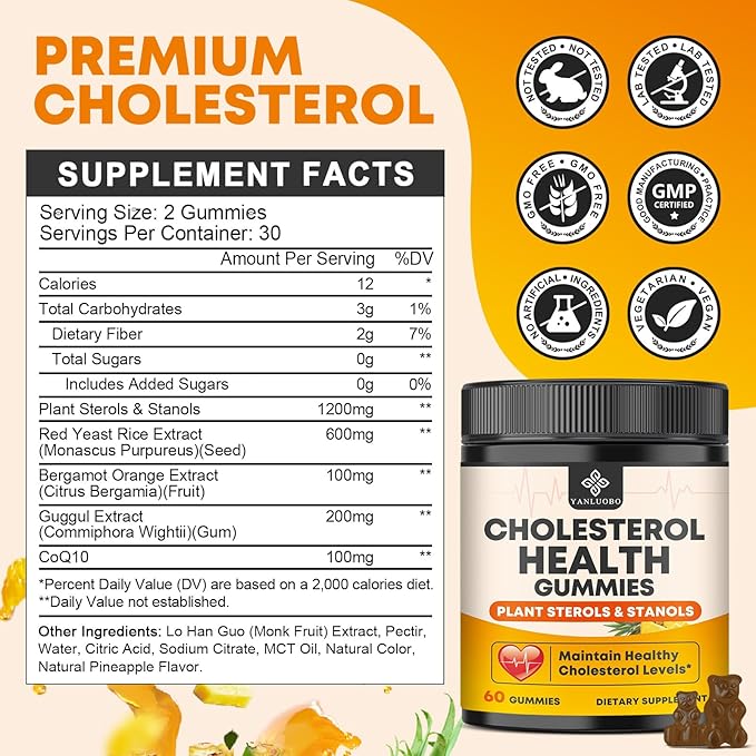 Cholesterol Supplements Gummies Support Healthy Cholesterol Levels with 1200mg Plant Sterols &amp Stanols Bergamot Orange Extract Red Yeast Rice for Women &amp Men Pineapple Flavor 60 Counts (2