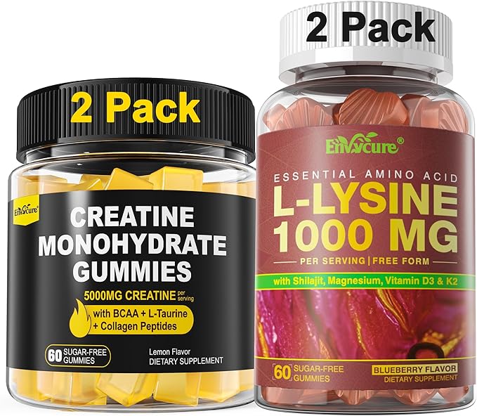 2 Pack Creatine Monohydrate Gummies + 2 Pack L-Lysine 1000mg Gummies