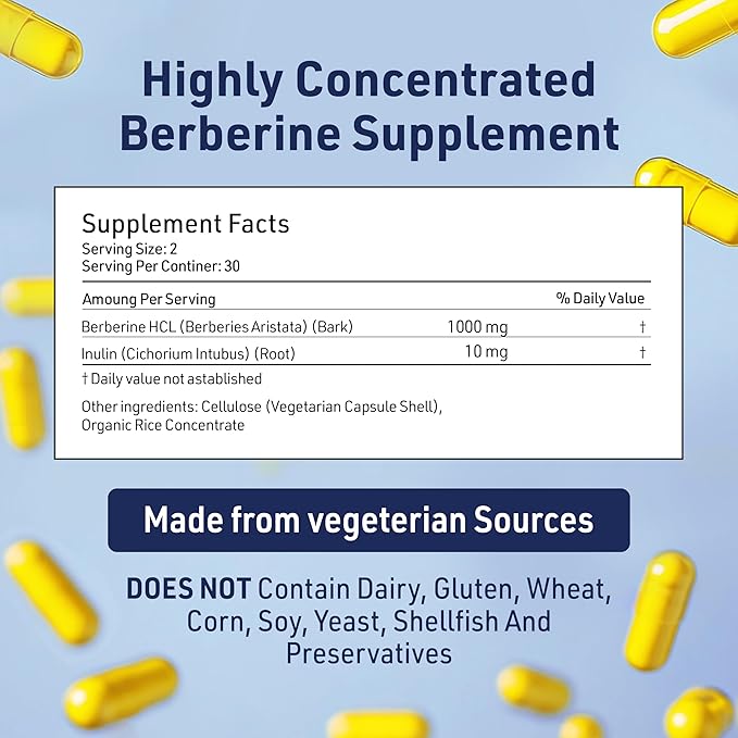 AgeImmune Berberine 1000mg Supplement Complex with Inulin Prebiotic - Berberine HCL 500mg per Capsule - Doctor Formulated and Third Party Tested Berberine Supplement