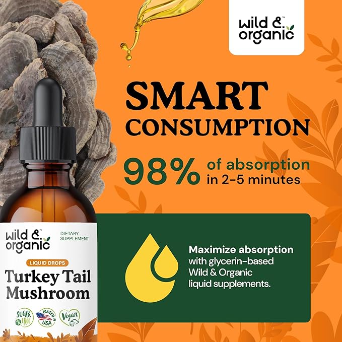 Wild &amp Organic Turkey Tail Tincture - Immune &amp Gut Support - Turkey Tail Mushroom Extract Drops - Vegan Sugar &amp Alcohol-Free Liquid Supplement - 2 fl oz
