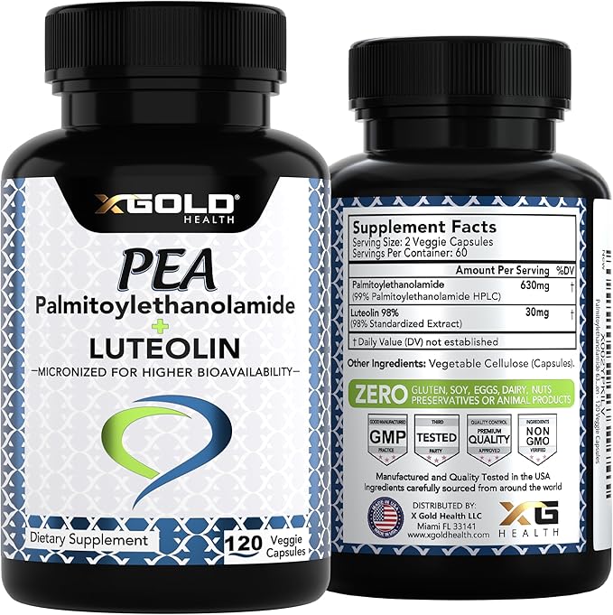 Palmitoylethanolamide 630 mg + Luteolin Standardized 98%- Micronized Pea 99% Highly Purified and Bioavailable - Made in USA - Supplement for Men and Women - 120 Veggie Capsules
