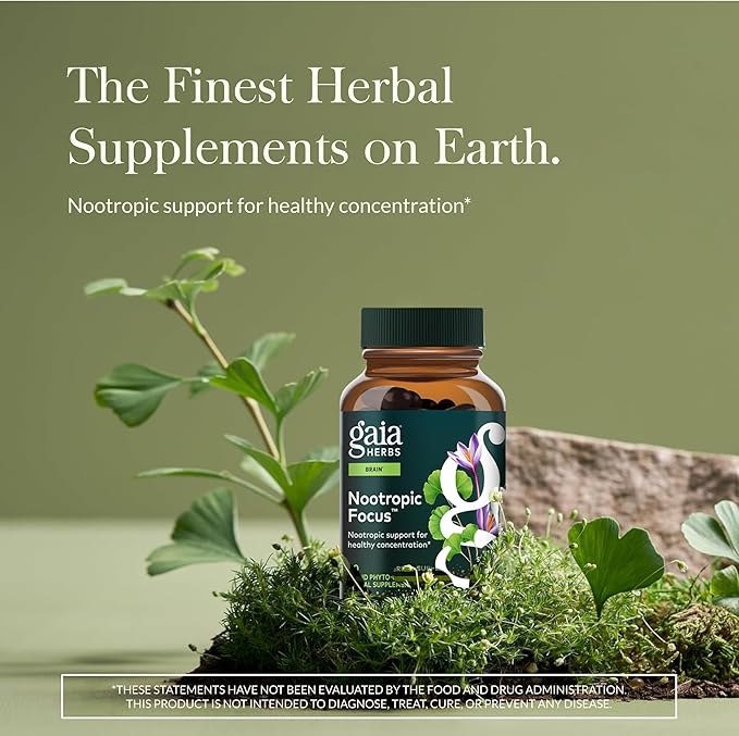 Gaia Herbs Nootropic Focus - Brain &amp Cognitive Support Supplement to Help Maintain Healthy Concentration* - with Saffron Lemon Balm &amp Spearmint - 40 Liquid Phyto-Capsules (20 Servings)