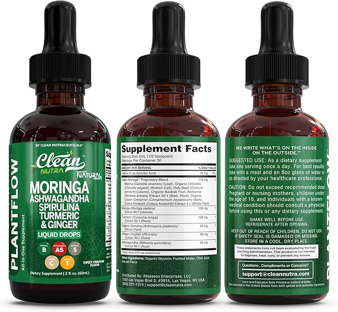 Clean Nutra Moringa Supplement Drops Ashwagandha Spirulina Chlorella Turmeric &amp Ginger Liquid Barley Grass with Chlorophyll Blue Green Algae Vitamin C Antioxidant Holy Basil Ceylon Cinnamon PlantF