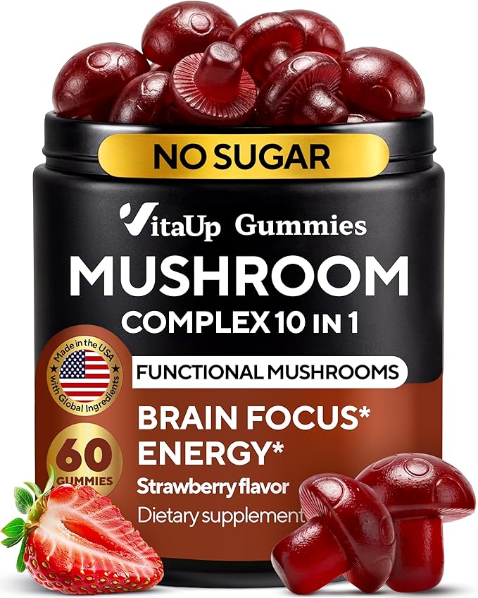 Mushroom Gummies for Adults - USA Made 10 in 1 Mushroom Supplement - Mushroom Complex with Lions Mane Cordyceps Turkey Tail Reishi Shiitake for Cognitive &amp Immune Support - 60 Count