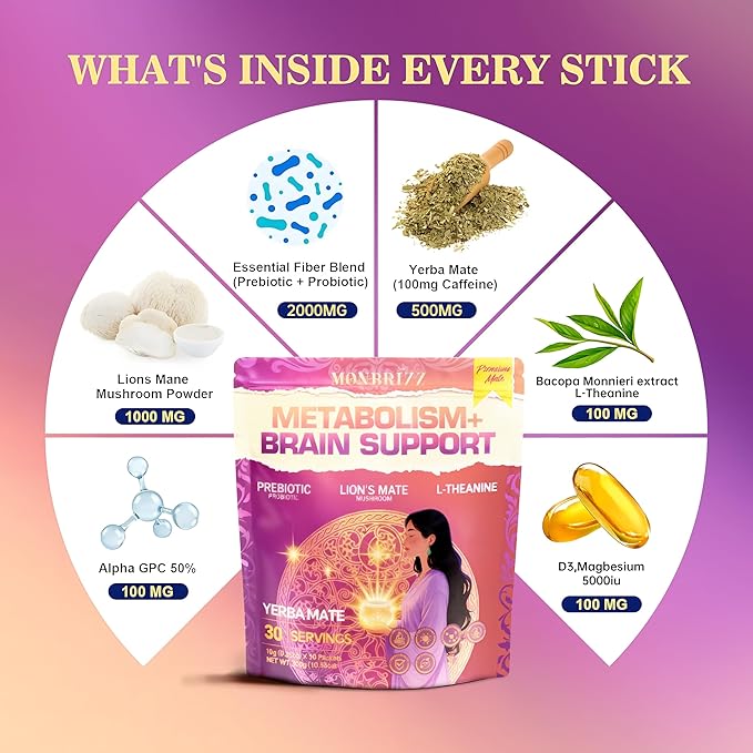 Monbrizz Instant Yerba Mate PowderMental Clarity SupplementNatural Coffee Alternative For EnergyLion's Mane L-TheanineProbiotic rebiotic Drink Nootropic Drink For Focus And Gut HealthLow Sugar