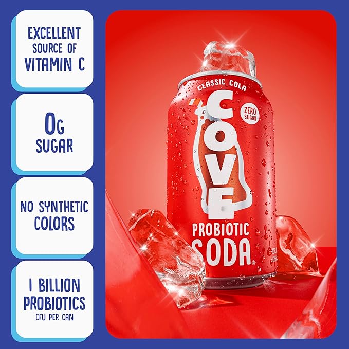 Cove Probiotic Soda Zero Sugar Better-For-You Alternative - Refreshing Delicious Probiotic Drink No Synthetic Colors &amp Caffeine Free - Classic Cola 12 Pack