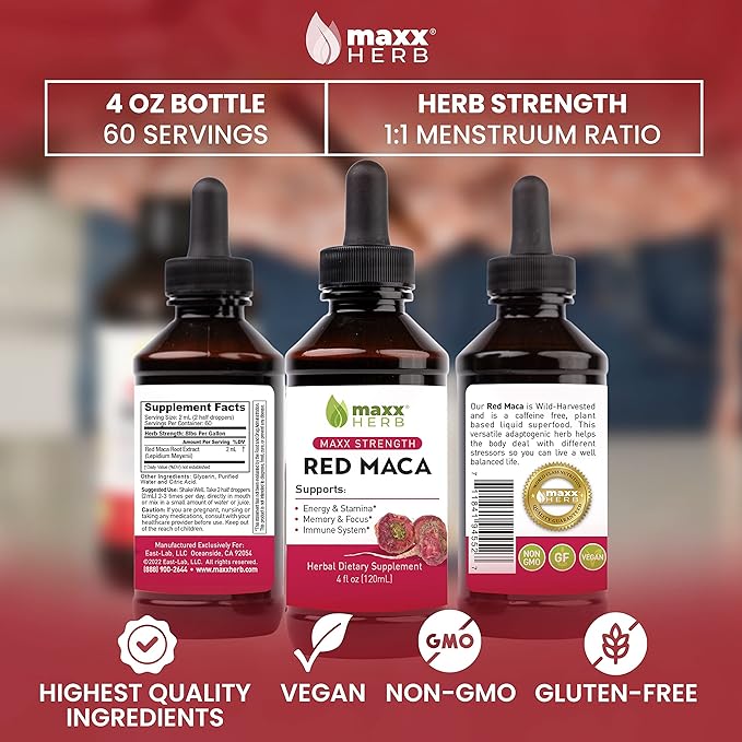 Maxx Herb Red Maca Root Extract - Max Strength Liquid Drops Absorb Better Than Powder or Capsules for Stamina Memory and Focus - 4 Oz Bottle (60 Servings)