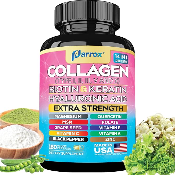 Collagen Peptides Types I II III V &amp X MCG Biotin Keratin Hyaluronic Acid MSM Zinc Grape Seed Extract Quercetin Vitamin A Vitamin C Vitamin E Magnesium Folic Acid (180 Capsules)