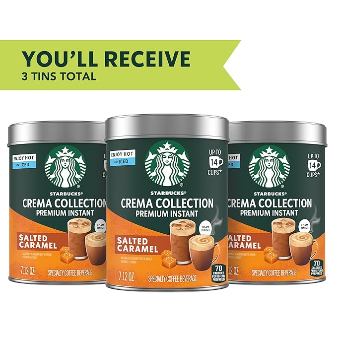 Starbucks Crema Collection Premium Instant Salted Caramel Flavored Instant Coffee 100% Arabica Beans 3 Tins (7.12 Oz Each)