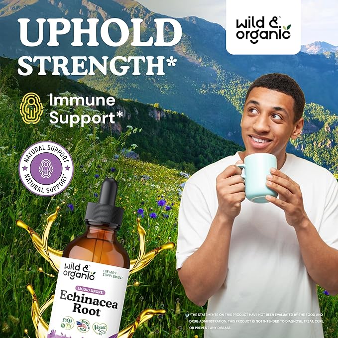 Wild &amp Organic Echinacea Drops - Immune Support Supplement with Echinacea Angustifolia - Liquid Root Extract Tincture - Vegan Sugar &amp Alcohol-Free - 4 fl oz