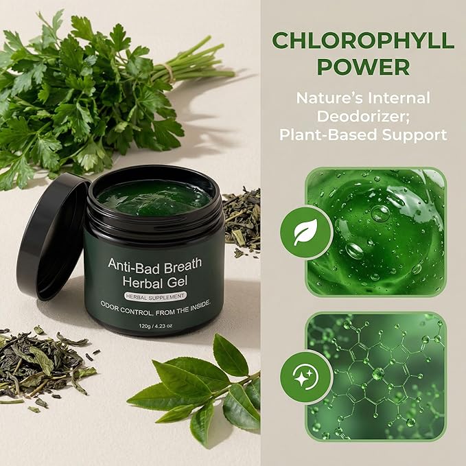 Anti-Bad Breath Herbal Gel Supplement Internal Freshening Formula with Parsley Green Tea Lemon Balm Clove Bud Oil Peppermint Oil &amp Chlorophyllin Natural Mint Flavor (1PCS)