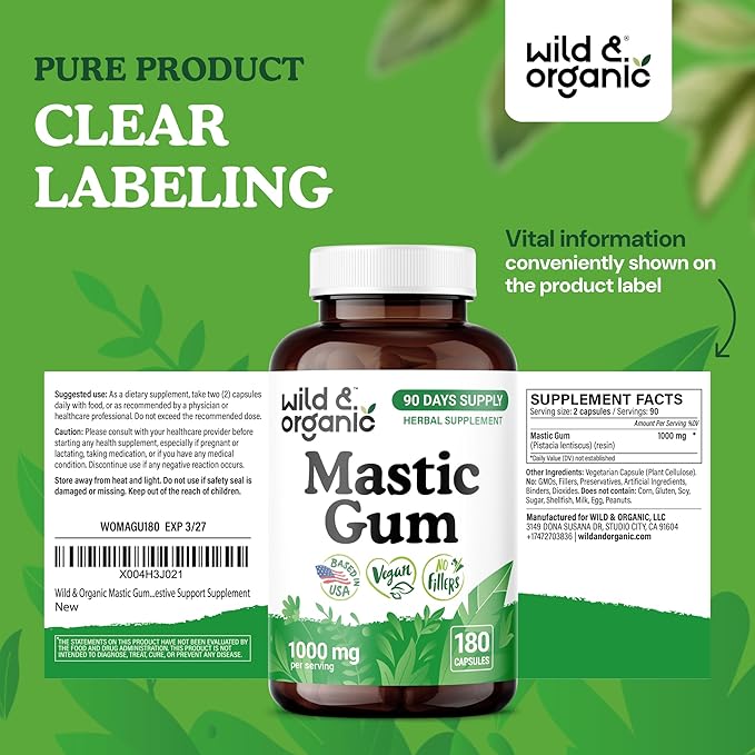Wild &amp Organic Mastic Gum Capsules - 1000 mg Mastic Gum Resin Supplement for Gut Support - 90 Days of Supply - 180 Vegan Capsules - No Fillers Non-GMO Gluten-Free