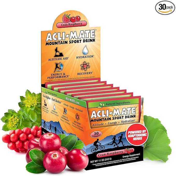 Acli-Mate Mountain Sport Drink Mix - High Altitude Acclimatization Electrolyte Powder Packets - Energy Drink Mix - Recovery Hydration Packets for Running Hiking Cycling &amp More (30CT CranRaspebe
