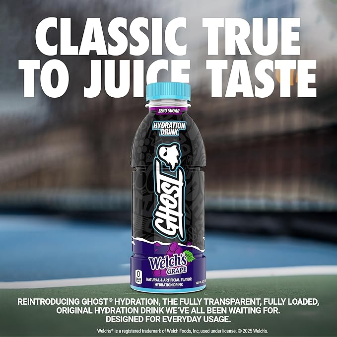 GHOST Hydration Drink Welch’s Grape - RTD Sports Drink with Electrolytes Natural Vitamins &amp Minerals - All Day Lifestyle Hydration Beverage - Zero Caffeine &amp Zero Sugars - 16.9 Fl Oz 12 Pac