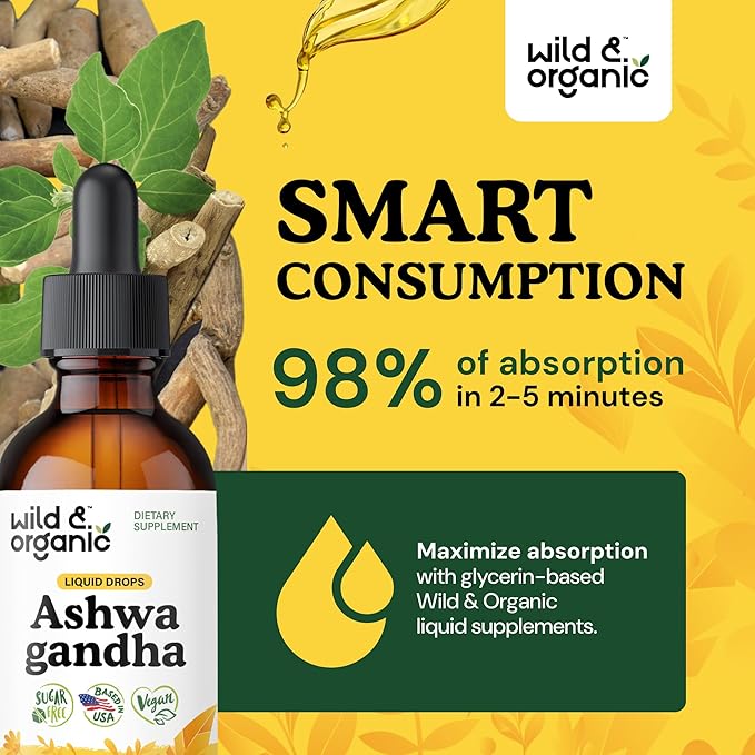 Wild &amp Organic Ashwagandha Liquid Drops - Calming Ashwagandha Root Extract for Relaxation - 1-Month Supply - Herbal Supplements for Women and Men - Vegan Sugar &amp Alcohol-Free Tincture - 2 fl