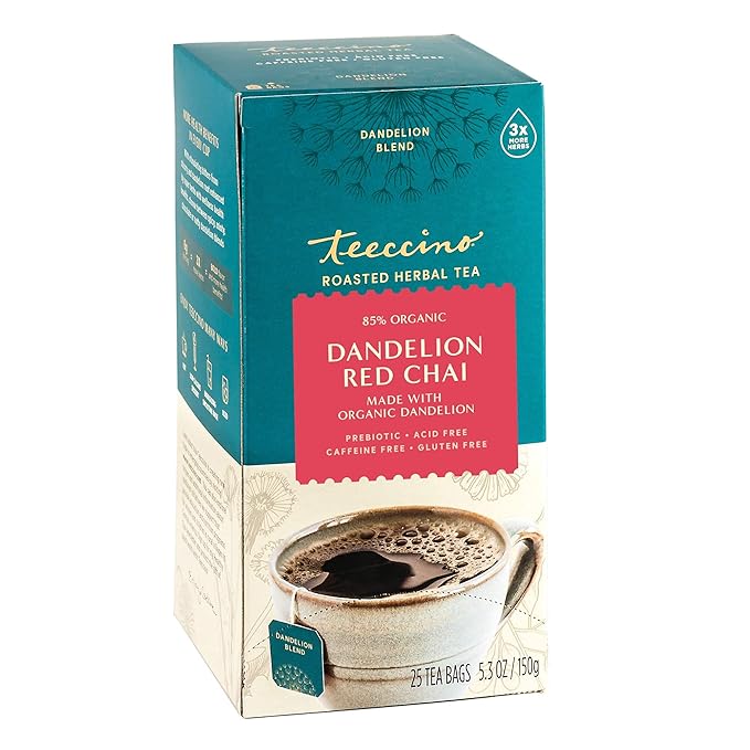Teeccino Dandelion Red Chai Tea - 25 Tea Bags - Caffeine-Free Roasted Herbal Tea with Prebiotics 3x More Herbs than Regular Tea Bags Gluten Free (Pack of 3)