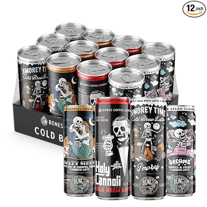 Bones Coffee Company Variety Pack Flavored Coffee S'morey Time Salty Siren Holy Cannoli and Cookies N' Dreams Ready To Drink Latte Coffee in Can | Variety Flavors in Cans | 11 Fl Oz Can (12 Pack)
