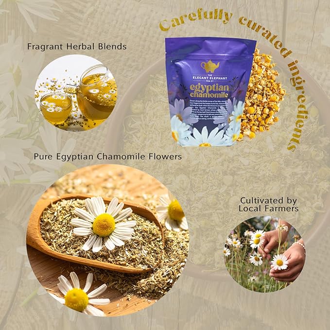Egyptian Chamomile Tea Organic Loose Leaf Herbal Tea – Cozy Calming – Supports Stress Relief Relaxation &amp Sleep – 4 oz Resealable Bag (Makes 50 Cups) – The Elegant Elephant