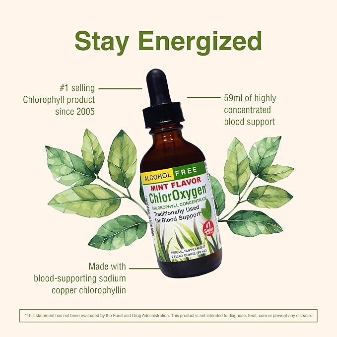 Herbs Etc. ChlorOxygen Chlorophyll Concentrate - Highly-Concentrated Energy Support - Aids Healthy Blood Circulation - Natural Vitality Support - Alcohol-Free - Mint 2 fl oz (About 132 Servings)