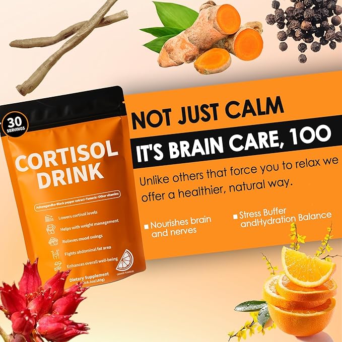 Cortisol Drink Powder - Natural Cortisol Supplements for Ashwagandha L-Theanine Turmeric Root Black Pepper Extract Relaxation Focus Mental Clarity