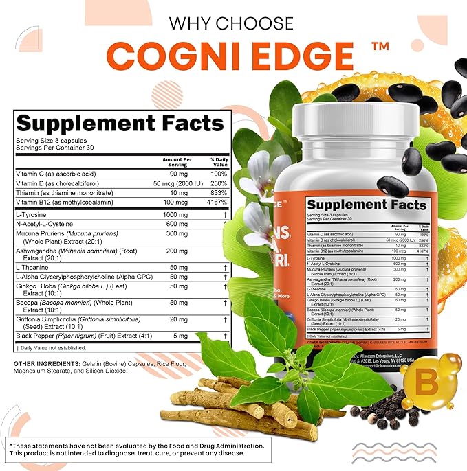 Clean Nutraceuticals L Tyrosine Mucuna Pruriens Bacopa Monnieri Ashwagandha Focus Supplement w/N-Acetyl Cysteine NAC 5-HTP Ginkgo Biloba Alpha GPC Vitamin C D B1 B12 (Pack of 2)
