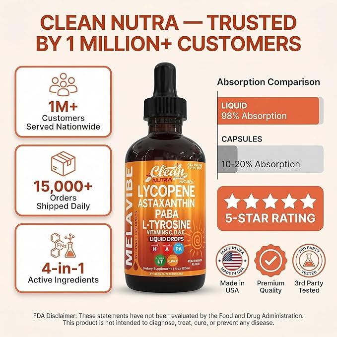 MelaVibe Astaxanthin Internal Tanning Liquid Drops Lycopene PABA L-Tyrosine Grape Seed Extract Vitamin a c d Drops VIT E AMLA Flax Seed Omega 3 Copper Peach Mango Flavor By Clean Nutra