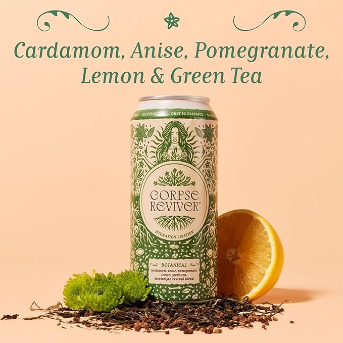 Corpse Reviver: Electrolyte Hydration Drink | Organic Non-Alcoholic 175mg Magnesium 325mg Potassium 75mg L-Theanine 20mg Zinc 20mg Sodium (Canned Flavored Sparkling Water) Botanical 12-Pack