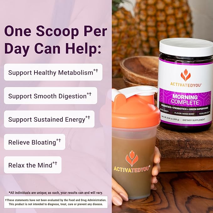 ActivatedYou Morning Complete Super Greens Powder Drink Mix - Gut Health Boost with Prebiotics Probiotics &amp Antioxidants - 10 Billion CFUs Mixed Berry Flavor Greens Superfood Powder - 30 Day Su