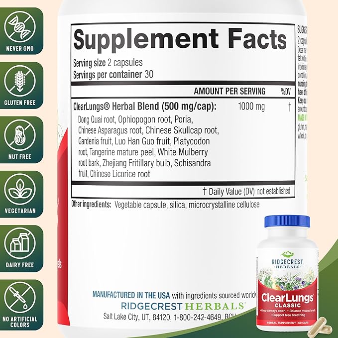 RidgeCrest Herbals ClearLungs Classic Daily Health Supplement Natural Lung and Nasal Wellness Formula for Bronchial Respiratory Immune Sinus and Mucus Support (60 Vegan Caps 30 Serv)
