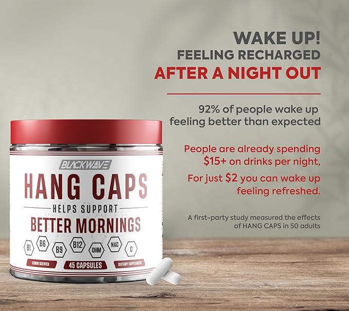 BlackWave Hang Caps - Recovery Capsules After Drinking Aid - DHM (Dihydromyricetin) After Alcohol Recovery Supplement - Hangover Relief with Ginger Milk Thistle and B vitamins - 45 Liver Aid Capsules