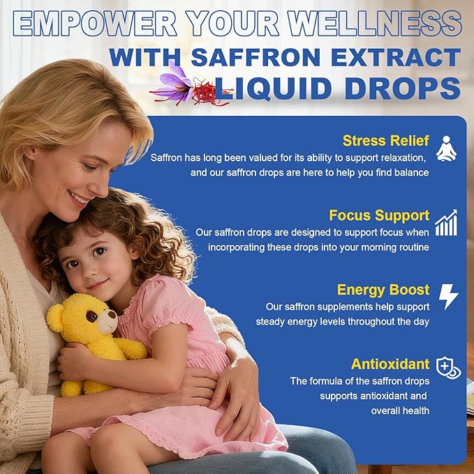 Organic Saffron Extract Liquid Drops 88.5mg Liposomal Saffron Supplements for Kids &amp Adults with Holy Basil Rosemary Turmeric L-Theanine Focus Stress &amp Energy Support Vegan 2 FL OZ