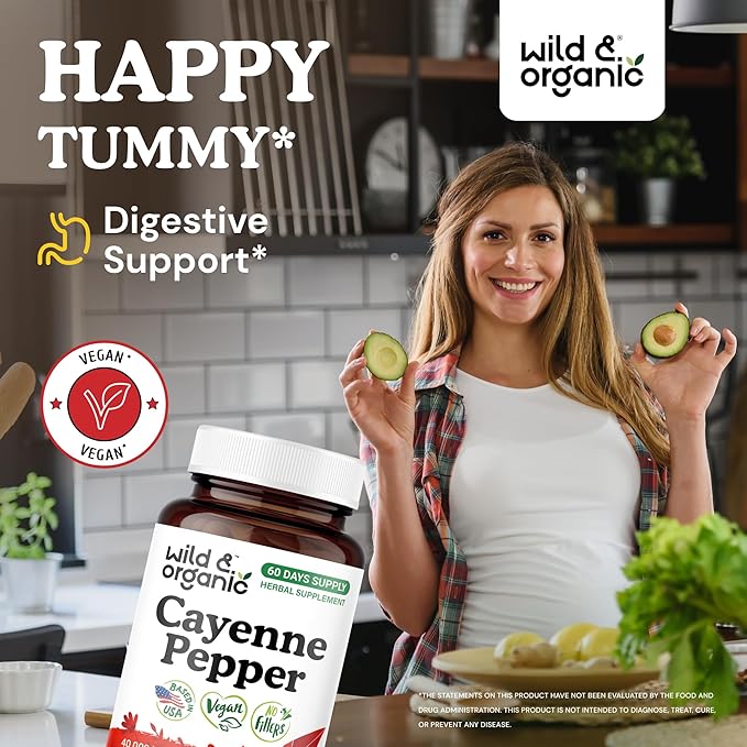 Wild &amp Organic Cayenne Pepper Capsules 500 mg - Digestive Support - Pure Cayenne Pepper Extract - Capsaicin Supplements - Vegan No Fillers Non-GMO - 60 Count