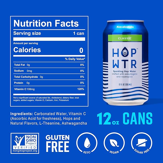 HOP WTR Sparkling Hop Water Classic 12 Pack Sugar Free Low Carb Non Alcoholic Drinks NA Beer Adaptogen Drink No Calories Adaptogens &amp Nootropics for Added Benefits 12 oz Cans
