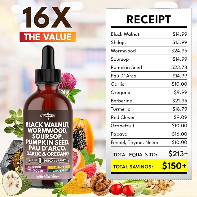 Black Walnut Wormwood Cleanse Drops - Liquid Soursop Garlic Pumpkin Seed PAU D'Arco Oil of Oregano Turmeric Berberine Neem Extract Hull Bark Tincture - - 4oz